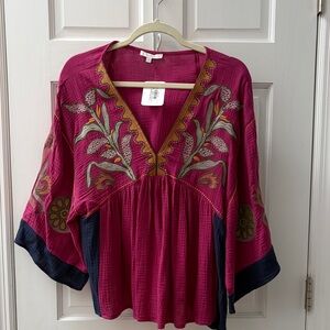 Floral Embroidered Women's Blouse in Pink and Navy